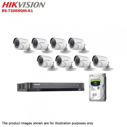 Hikvision Turbo HD 8 Channel CCTV DVR DS-7208HQHI-K1 + Hikvision 1MP 720P Outdoor IR Bullet Camera DS-2CE16C0T-IRP + 1TB Seagate Skyhawk CCTV HDD